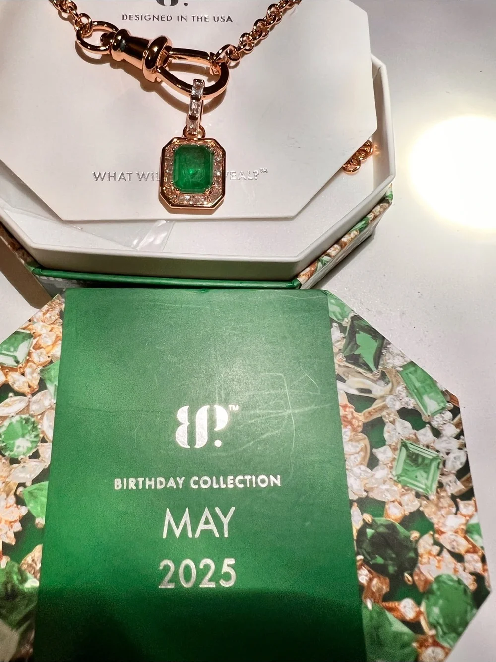 NWT bp Rose Gold Necklace with Green Emerald-Style Pendant